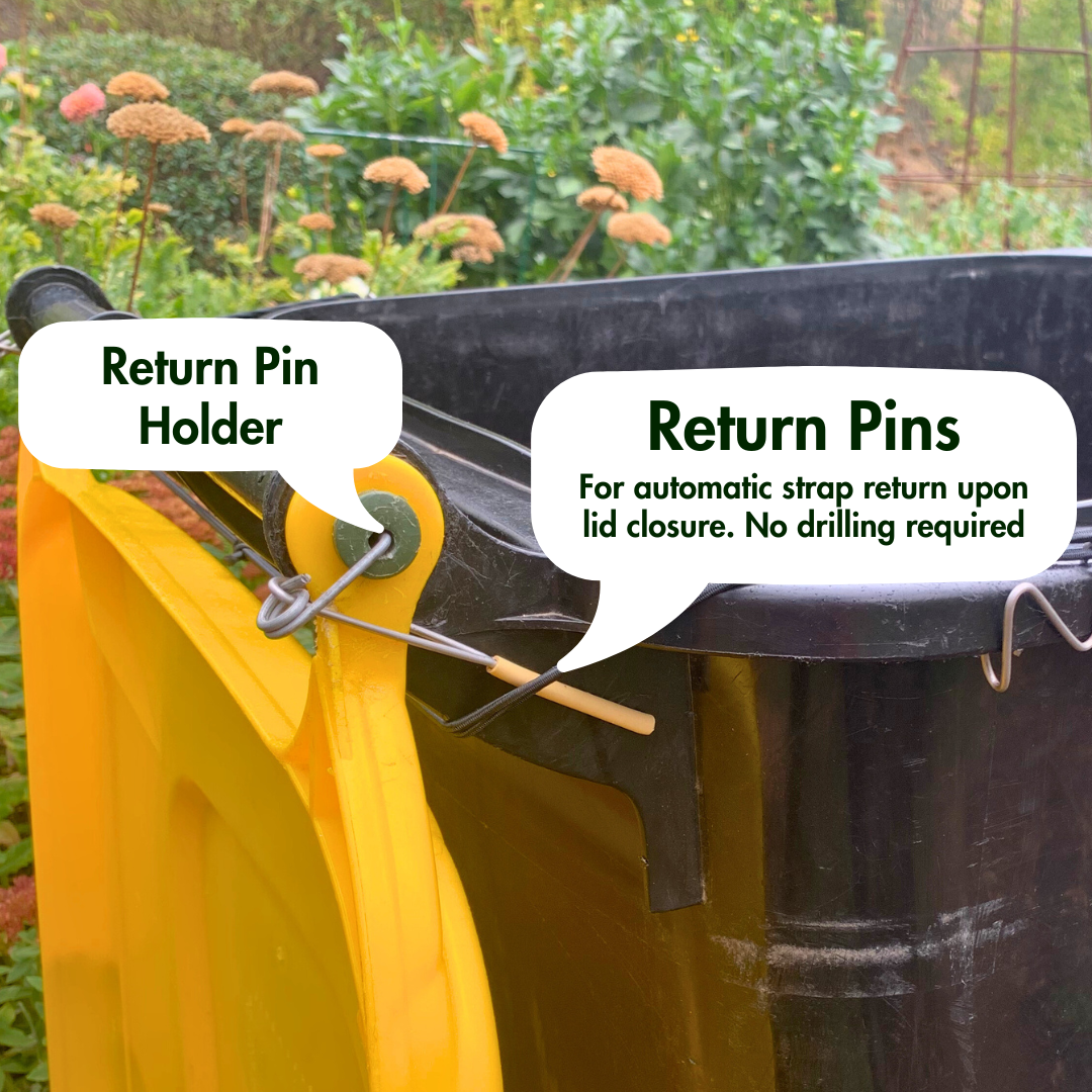 BinM8 Bungee Keeps Bin Lids Secure. Easy Installation. Free shipping Australia wide. Showing with Return Pins and Pin Holders