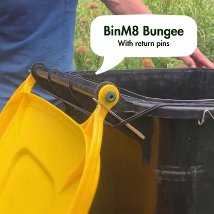 BinM8 Bungee Keeps Bin Lids Secure. Easy Installation. Free shipping Australia wide. Showing with Return Pins.