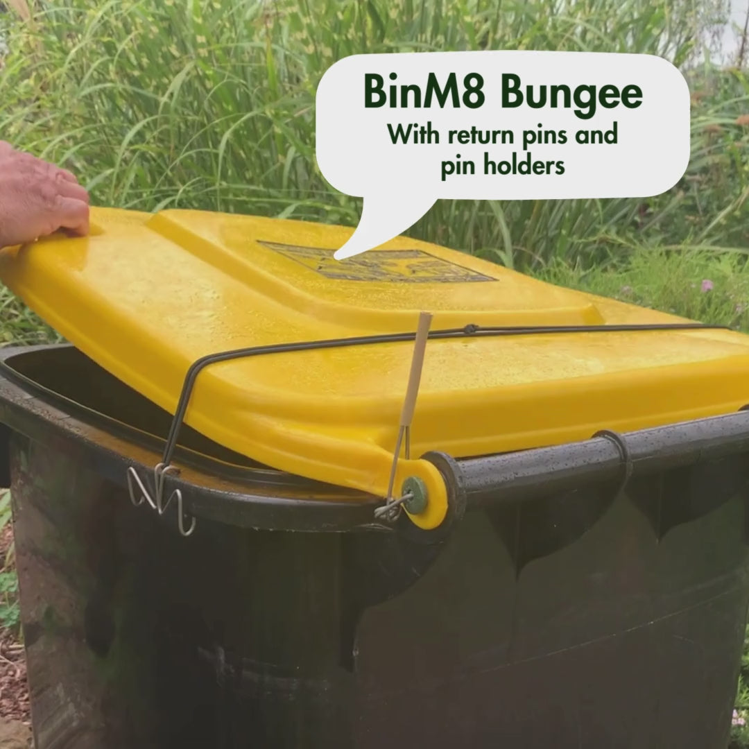 BinM8 Bungee Keeps Bin Lids Secure. Easy Installation. Free shipping Australia wide. Showing with Return Pins and Pin Holders